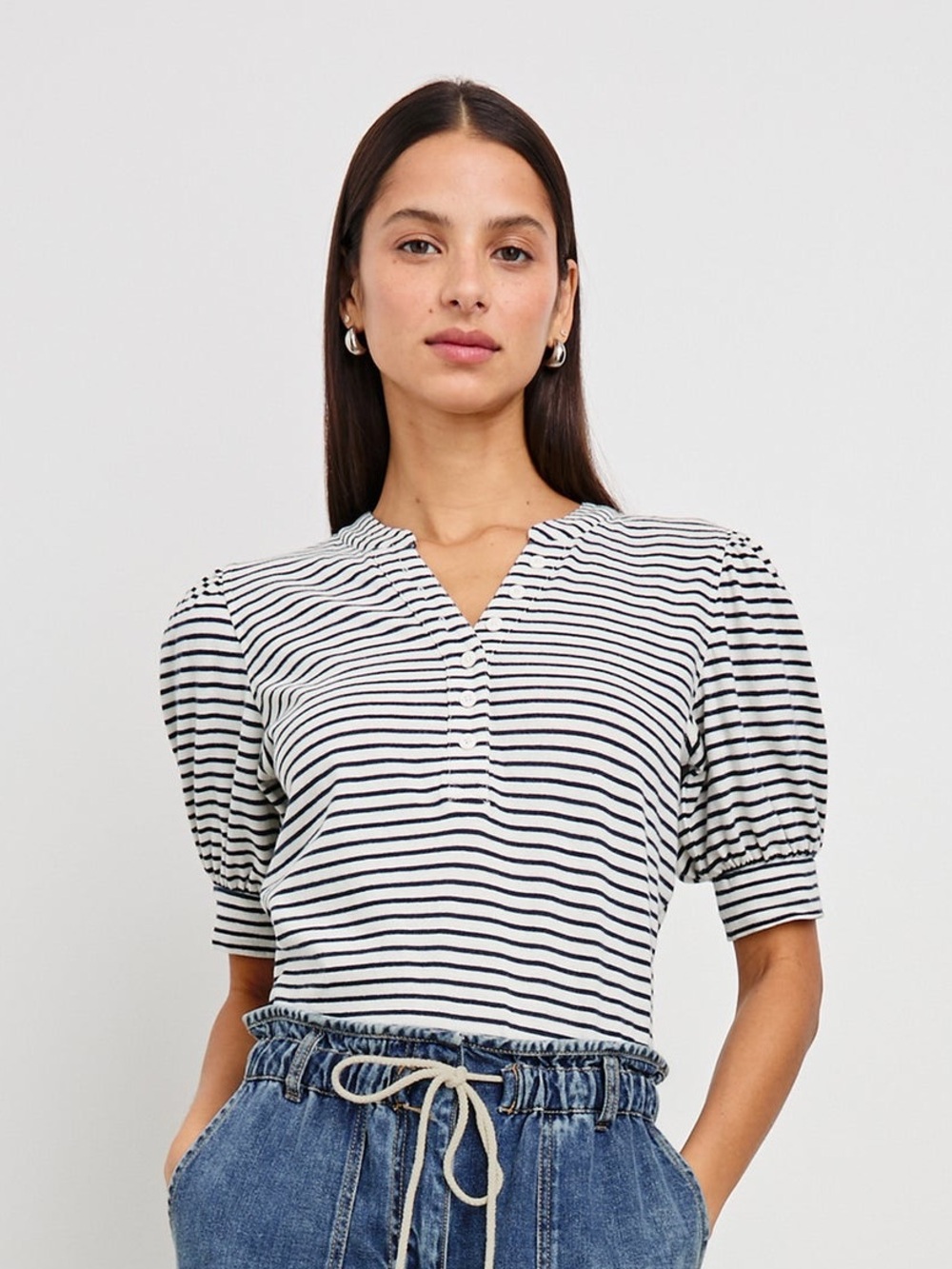 Rails navy stripe cotton puff sleeve top